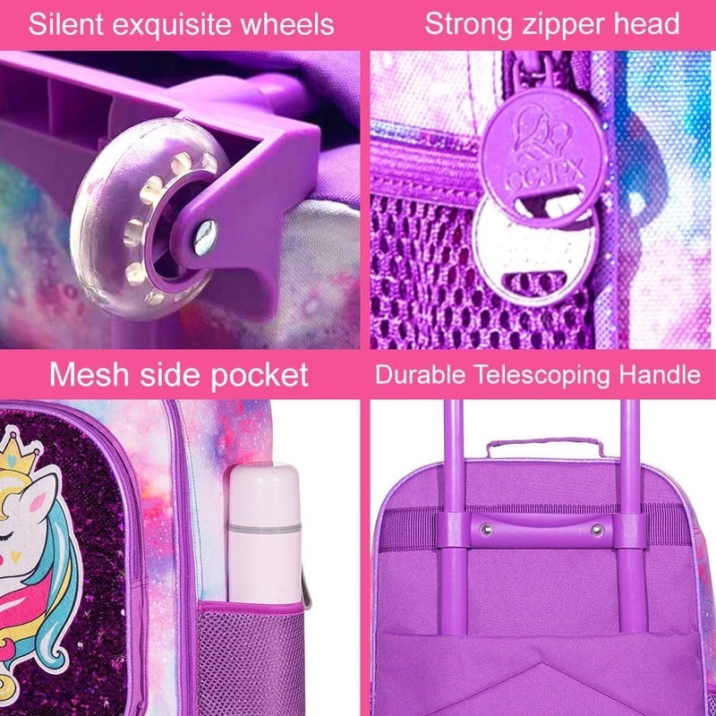FTJCF Store 2PCS Girls Suitcase Set, 18" Kids Unicorn Carry on Luggage with Wheels, Cute Sequin Children Travel Rolling with 12" Toddler Backpack(Purple) - Image 4